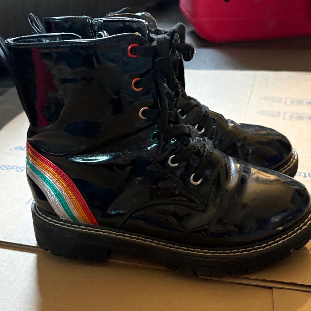 Black Patent Rainbow Stripe Combat Boots Kids